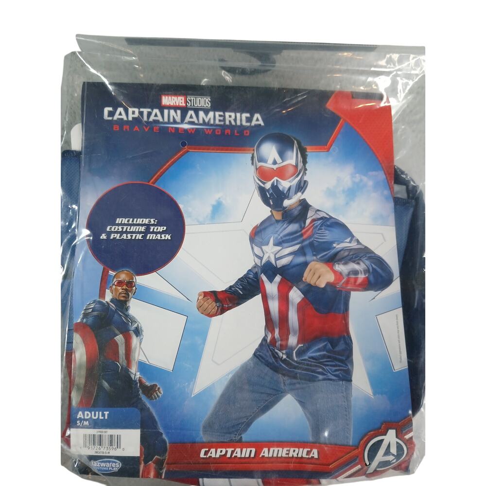Captain America Costume Adult Small Medium Shirt & Mask Halloween Dress Up NWT
